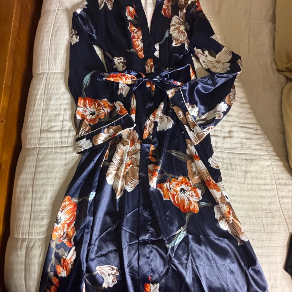 SHEIN Navy Floral Robe with Orange and Cream Accents